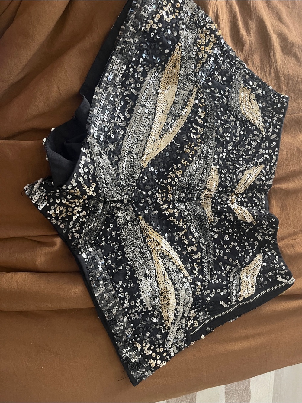 Zara Black High-Waist Sequin Shorts with Gold & Silver Embellishment